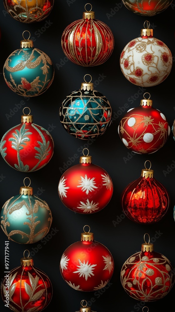 A pattern of vibrant retro style glass christmas baubles, festive spirit holiday season A pattern of vibrant retro style glass christmas baubles, festive spirit holiday season