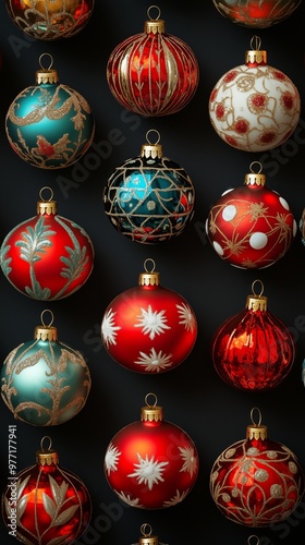 A pattern of vibrant retro style glass christmas baubles, festive spirit holiday season