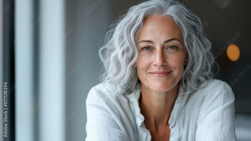 Portrait of a confident woman with gray wavy hair in a white shirt, exuding poise and assurance, with out-of-focus background suggesting a serene indoor setting. Portrait of a confident woman with gray wavy hair in a white shirt, exuding poise and assurance, with out-of-focus background suggesting a serene indoor setting.