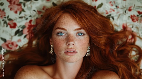 A striking portrait of a red-haired woman with freckles set against a floral backdrop, capturing captivating beauty and vibrant femininity with artistic grace. photo