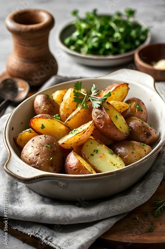 Yummy hot baked potato with green herbs tomato, brown spud potatoes healthy roasted food dish, delicious carbohydrate appetizer