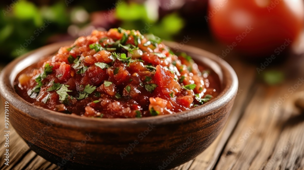 An inviting wooden bowl brimming with homemade salsa made of tomatoes and cilantro, set against a wooden backdrop, emphasizing its fresh and wholesome quality. An inviting wooden bowl brimming with homemade salsa made of tomatoes and cilantro, set against a wooden backdrop, emphasizing its fresh and wholesome quality.
