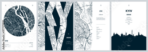 Set of travel posters with Kyiv, detailed urban street plan city map, Silhouette city skyline, vector artwork