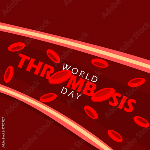 World Thrombosis Day celebrate on October 13th event health banner. Illustration of blood flow with platelets and bold text on dark red background.