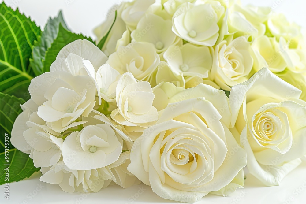 Elegant Simplicity A Close-Up of Delicate White Hydrangeas and Roses on a Pristine White Background Elegant Simplicity A Close-Up of Delicate White Hydrangeas and Roses on a Pristine White Background
