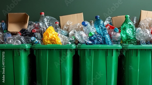 Assortment of plastic bottles and containers in green recycling bin for environmental protection