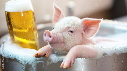 A whimsical illustration of a cute baby pig enjoying a bath in a large beer glass, playfully sipping on a beer, capturing a fun and humorous scene that brings joy and laughter, perfect for novelty art