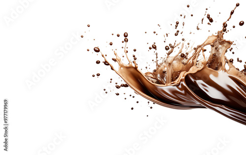 Dynamic splash of chocolate, showcasing rich texture and movement against a clean black background. Ideal for dessert themes.