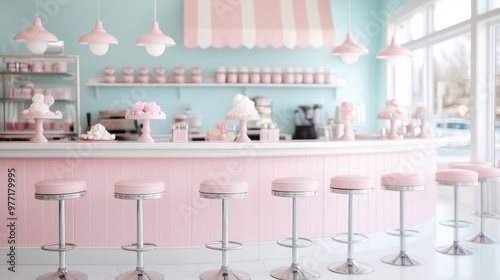 A charming, retro-styled ice cream parlor features pastel pink and blue decor, with shiny chrome stools and an inviting ambiance, evoking a nostalgic, happy feel.