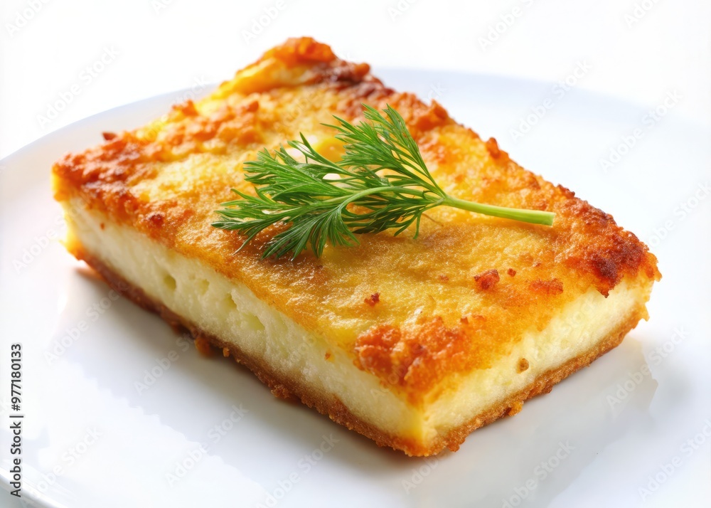 A solitary piece of saganaki, fried to a golden crunch, situated on a crisp white background, beckoning to be savored A solitary piece of saganaki, fried to a golden crunch, situated on a crisp white background, beckoning to be savored