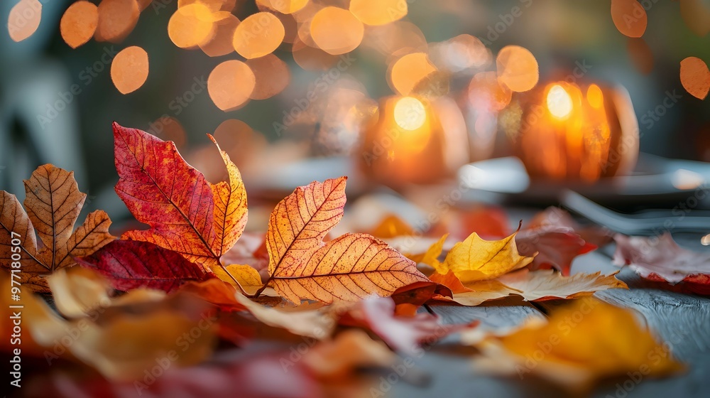 Autumn Leaves and Bokeh Lights on Wooden Table Autumn Leaves and Bokeh Lights on Wooden Table