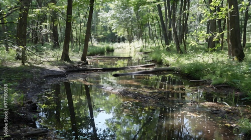 Natural homes of critters along quiet pools along wooded walks