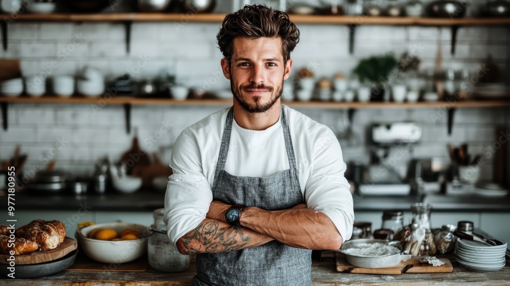 A confident, tattooed chef stands in a rustic kitchen with arms folded, embodying passion and expertise, surrounded by culinary tools and ingredients. A confident, tattooed chef stands in a rustic kitchen with arms folded, embodying passion and expertise, surrounded by culinary tools and ingredients.