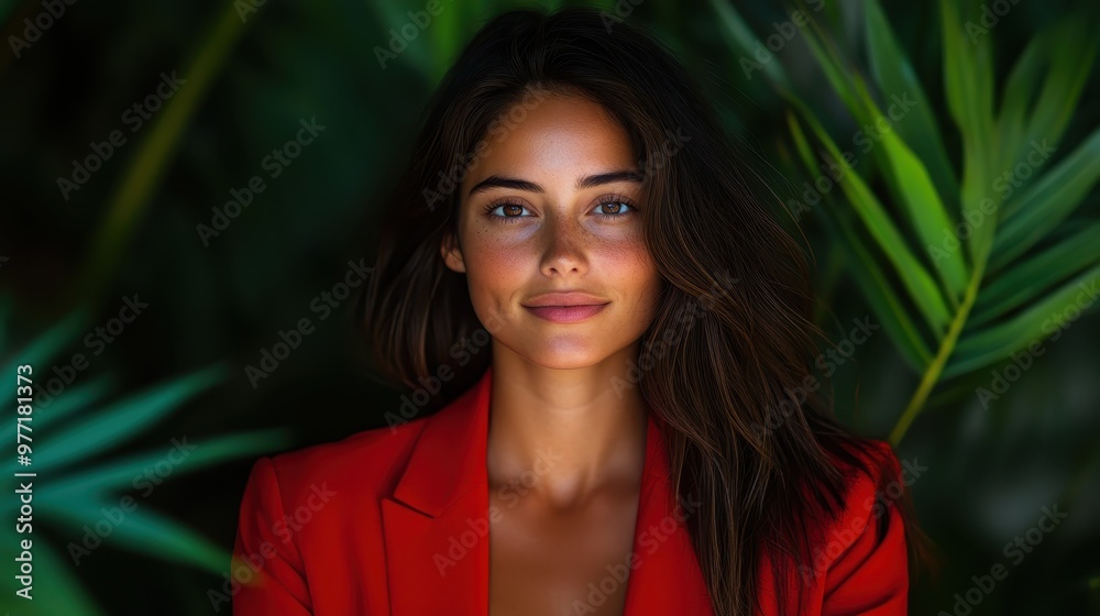 A confident woman in a striking red blazer stands amidst a lush green backdrop, conveying a sense of vitality and strength, the natural setting enhances her presence. A confident woman in a striking red blazer stands amidst a lush green backdrop, conveying a sense of vitality and strength, the natural setting enhances her presence.