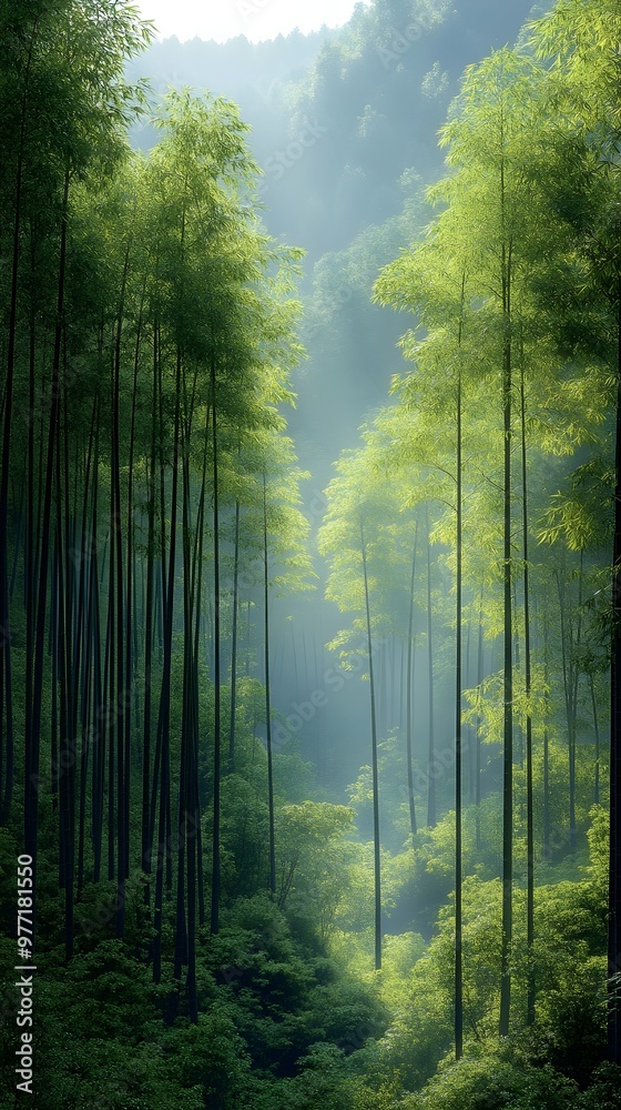 A serene bamboo forest bathed in soft sunlight, the tall stalks creating a mesmerizing pattern. A serene bamboo forest bathed in soft sunlight, the tall stalks creating a mesmerizing pattern.