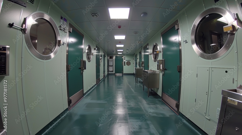 The image depicts a long corridor in a sterile, high-tech facility with ...