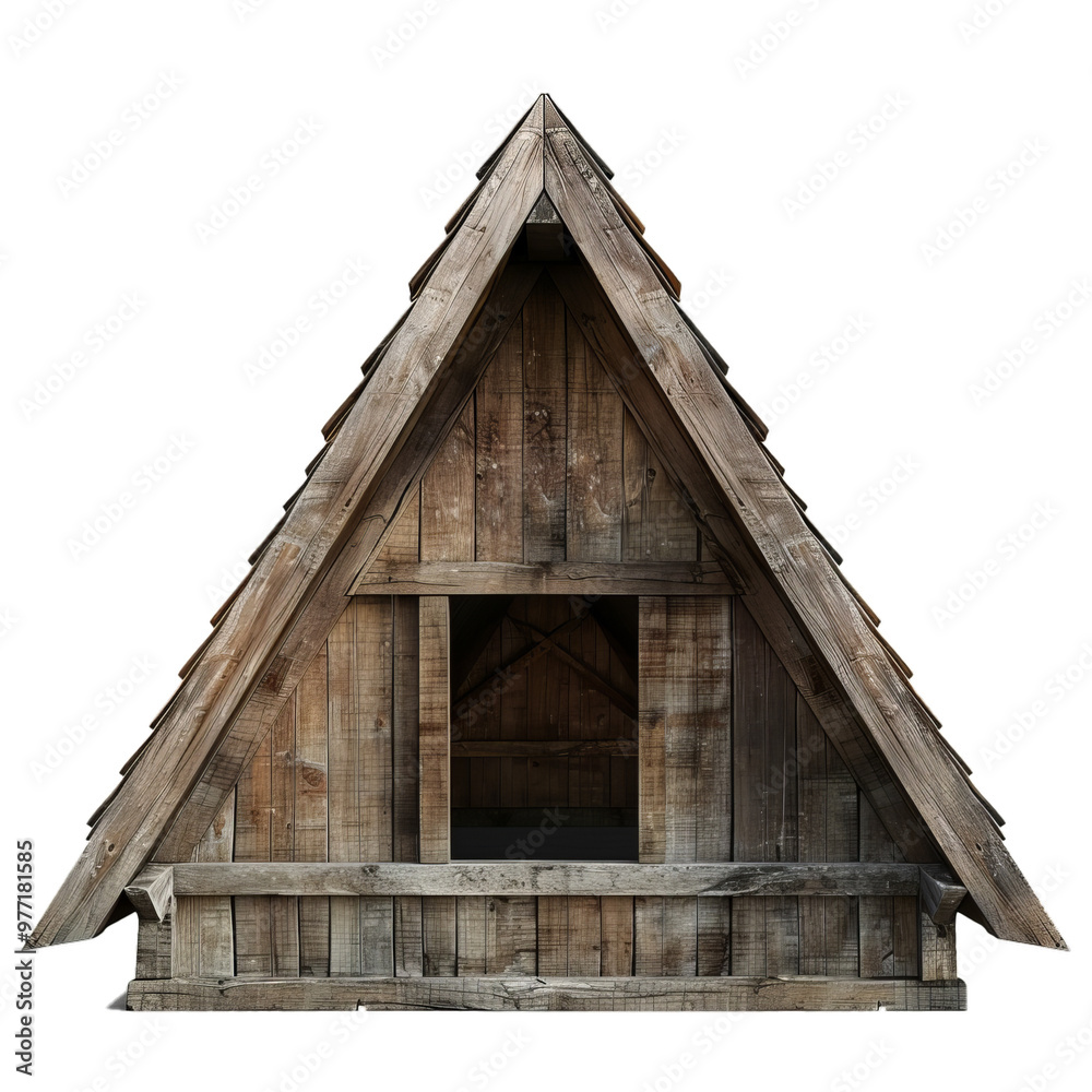 Old wooden triangular roof structure is standing isolated on a white background Old wooden triangular roof structure is standing isolated on a white background