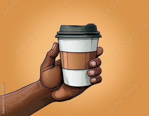 Illustration of paper cup of coffee in human hand. Takeaway orders.