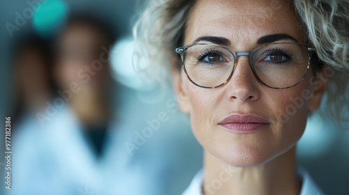 A poised and professional-looking woman in glasses gazes confidently at the camera. The background is subtly blurred, suggesting a modern and sophisticated environment.