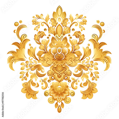 Intricate golden floral ornament with detailed patterns, perfect for vintage designs and elegant presentations.