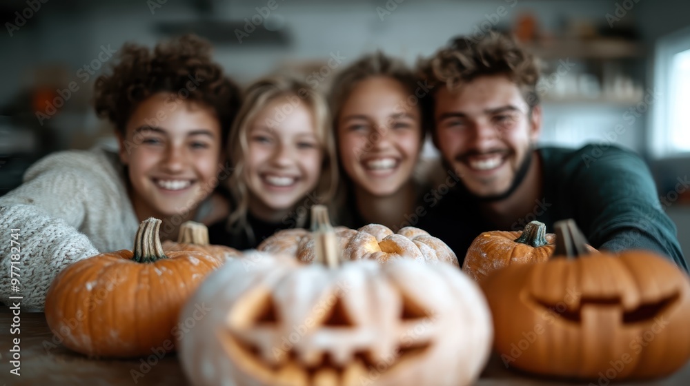 A joyful and diverse group of young friends is gathered around a table with creatively carved Halloween pumpkins, sharing laughter and enjoying the festive spirit. A joyful and diverse group of young friends is gathered around a table with creatively carved Halloween pumpkins, sharing laughter and enjoying the festive spirit.