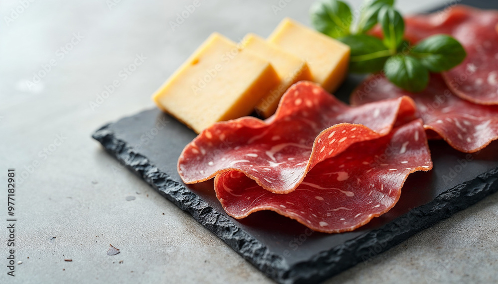 Elegant presentation board features a platter of salami, prosciutto, and cheese with ample space for text.
Elegant presentation board features a platter of salami, prosciutto, and cheese with ample space for text.