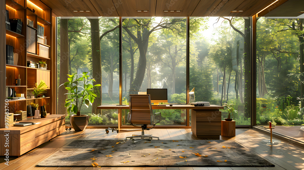 Modern home office setup with ergonomic chair and sleek desk large windows offer a panoramic view of a lush garden blending indoor workspace with natural surroundings Modern home office setup with ergonomic chair and sleek desk large windows offer a panoramic view of a lush garden blending indoor workspace with natural surroundings