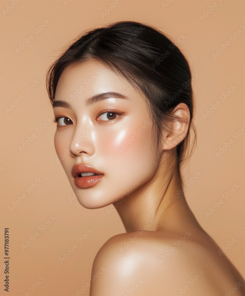 beauty shot of a young Thai Asian woman, glowing skin with natural highlights, beauty cosmetic concept beauty shot of a young Thai Asian woman, glowing skin with natural highlights, beauty cosmetic concept