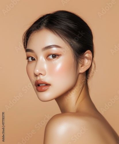 beauty shot of a young Thai Asian woman, glowing skin with natural highlights, beauty cosmetic concept