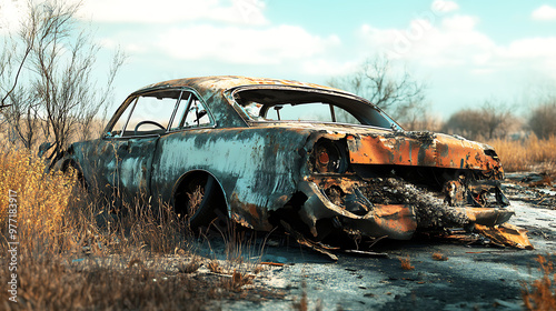 A rusty old car is left in the middle of the road, with worn tires and a rugged vintage look, parked in a grassy area.