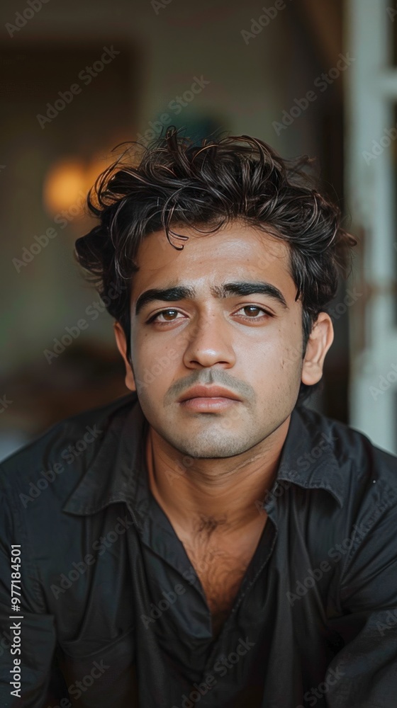 Young man with tousled hair gazes thoughtfully indoors