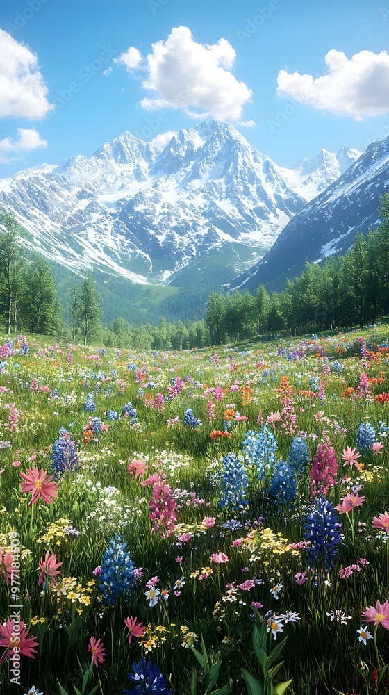 A vibrant wildflower meadow stretches out before a majestic snow-capped mountain range, creating a breathtaking scene of natural beauty. A vibrant wildflower meadow stretches out before a majestic snow-capped mountain range, creating a breathtaking scene of natural beauty.