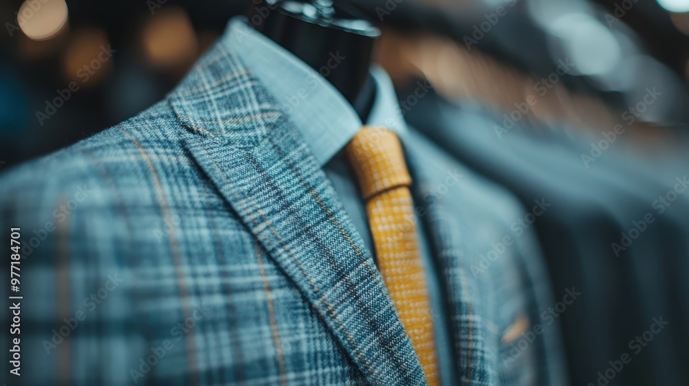 A meticulous view of a grey checked suit paired with a yellow tie, shown on a mannequin. The suit displays a blend of classic design and contemporary elegance. A meticulous view of a grey checked suit paired with a yellow tie, shown on a mannequin. The suit displays a blend of classic design and contemporary elegance.
