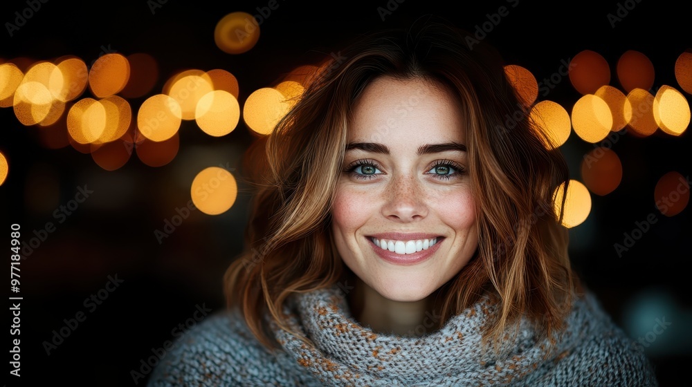 A cheerful young woman smiles warmly in a cozy sweater against a background of bokeh lights, reflecting joy and warmth in a festive atmosphere. A cheerful young woman smiles warmly in a cozy sweater against a background of bokeh lights, reflecting joy and warmth in a festive atmosphere.