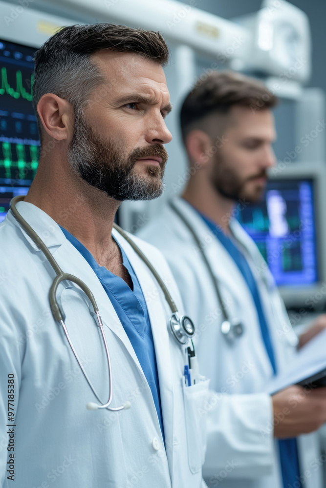 Two male doctors in scrubs with stethoscopes focus on patient data in a modern medical facility. Two male doctors in scrubs with stethoscopes focus on patient data in a modern medical facility.
