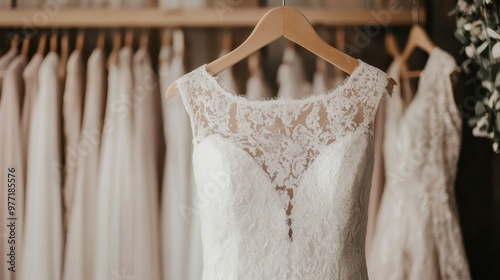 An elegant lace wedding dress is shown hanging on a wooden hanger in a luxurious bridal shop, showcasing its intricate patterns and delicate fabric.