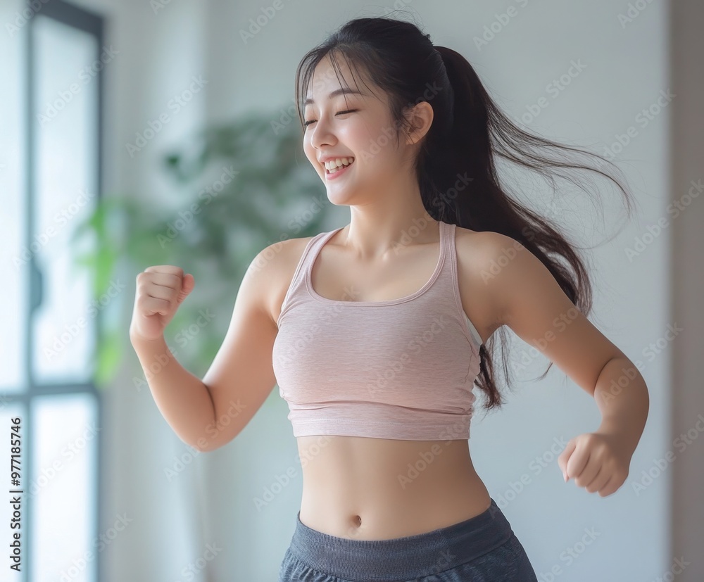 A chubby Asian woman with with practices Pilates or yoga outfit, healthy concept A chubby Asian woman with with practices Pilates or yoga outfit, healthy concept
