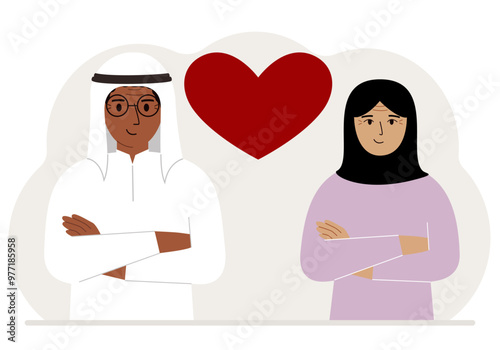 Happy man and woman next to a big red heart. Love.