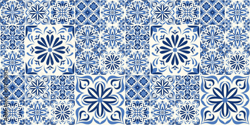  Seamless azulejo tile pattern with traditional Portuguese and Spanish ceramics  in navy blue and white, traditional mediterranean design. Ornate damask fabric swatch. Moroccan ceramic background.