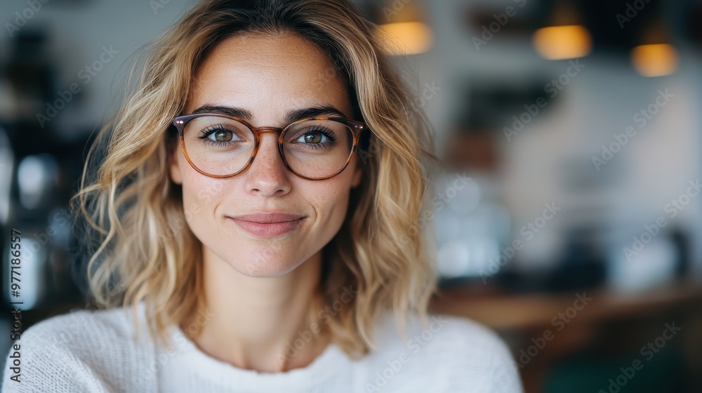 A woman with glasses and casual attire exudes warmth with a relaxed smile, sitting in a cozy, softly lit indoor cafe, suggesting comfort and contentment. A woman with glasses and casual attire exudes warmth with a relaxed smile, sitting in a cozy, softly lit indoor cafe, suggesting comfort and contentment.