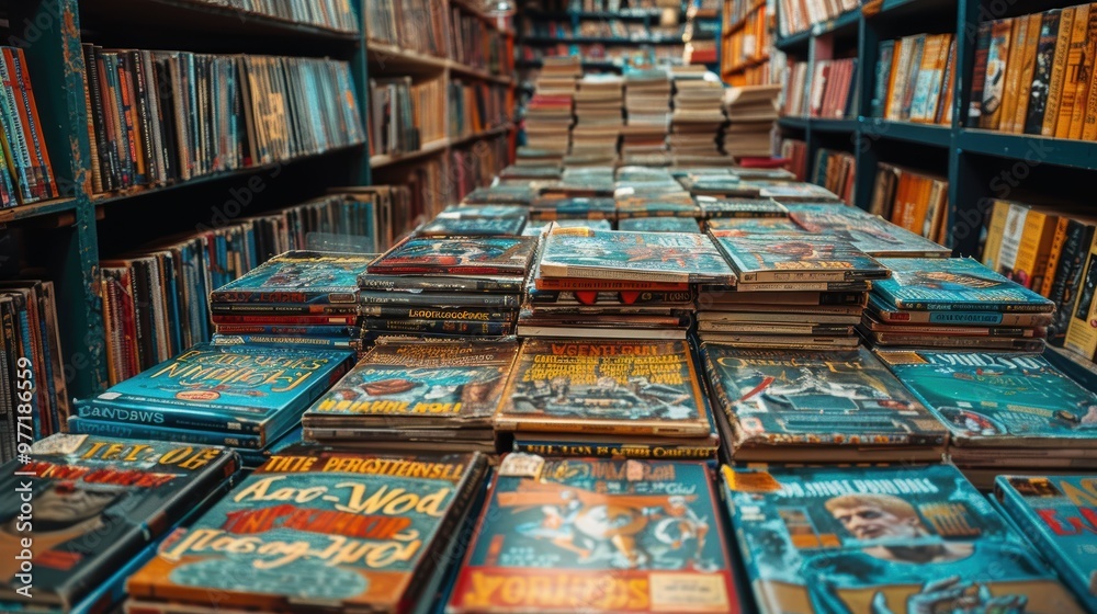 A well-organized and vibrant comic book store showcasing neatly stacked collections of various comic books, graphic novels, and magazines in a bookstore setting