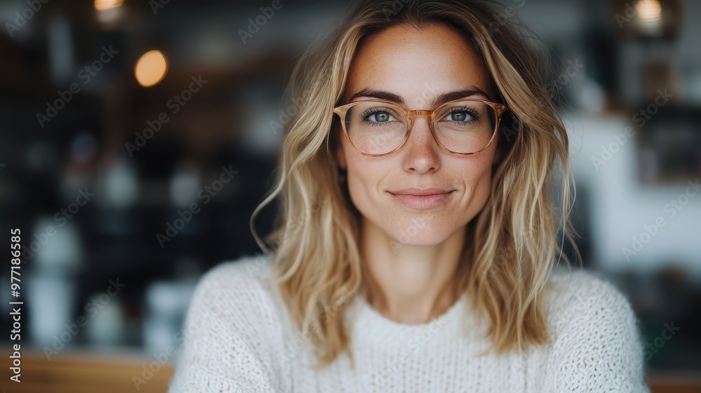 This joyful woman wearing glasses, with a warm smile, is in a cozy indoor space showing friendliness and comfort, embodying a peaceful, welcoming atmosphere. This joyful woman wearing glasses, with a warm smile, is in a cozy indoor space showing friendliness and comfort, embodying a peaceful, welcoming atmosphere.