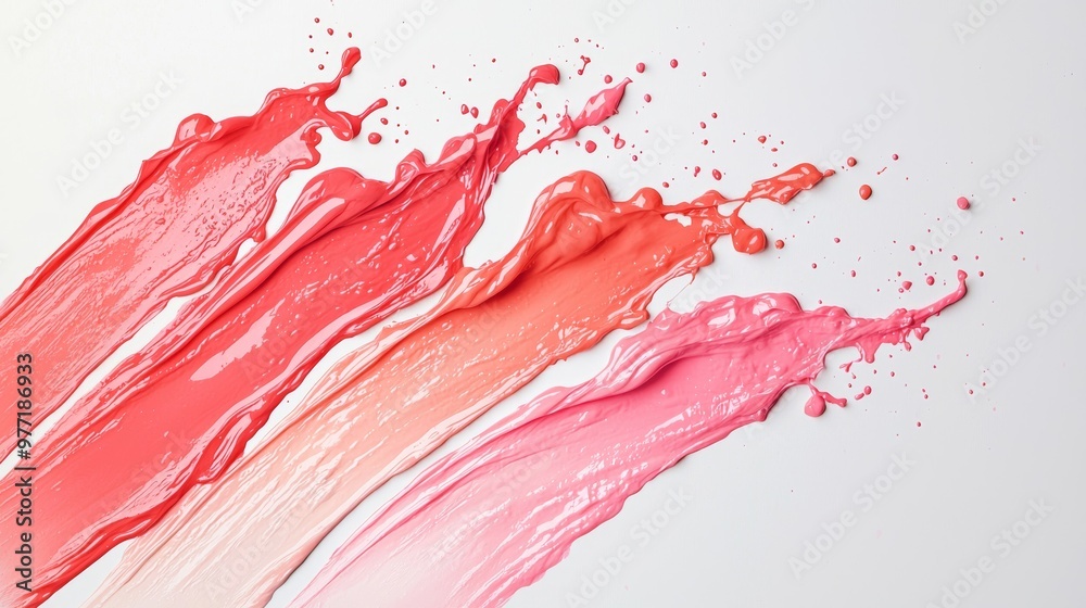 Three shades of coral liquid splashing together on a white surface, blending into one color palette, top view Three shades of coral liquid splashing together on a white surface, blending into one color palette, top view