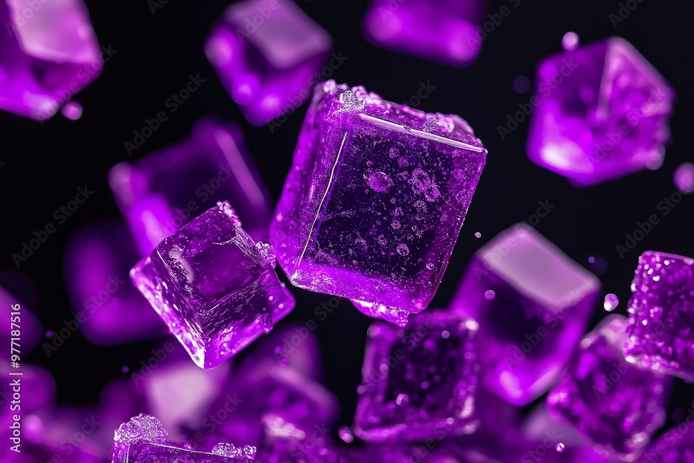 A close up of a bunch of purple cubes. The cubes are all different sizes and are scattered throughout the image. Scene is playful and whimsical, as the cubes seem to be floating in mid-air A close up of a bunch of purple cubes. The cubes are all different sizes and are scattered throughout the image. Scene is playful and whimsical, as the cubes seem to be floating in mid-air