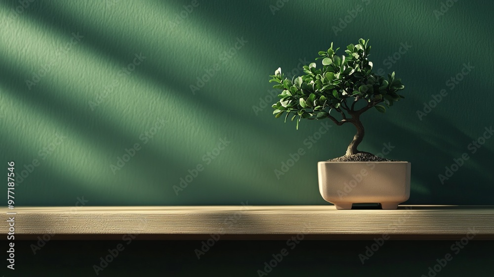 Green Wall Shelf with Bonsai Tree and Sunbeams Green Wall Shelf with Bonsai Tree and Sunbeams