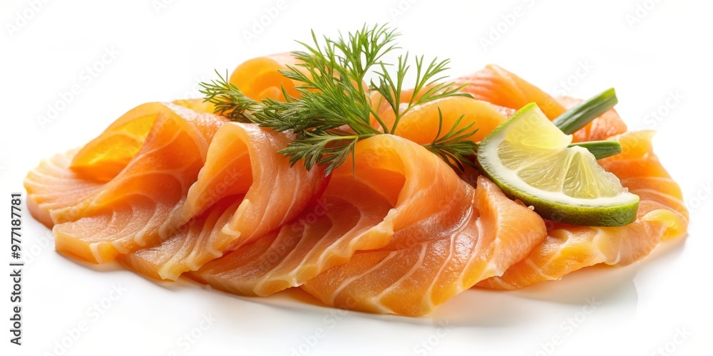 A delicate fan of smoked salmon slices, carefully placed to emanate from a central point, set against a pure white background. A delicate fan of smoked salmon slices, carefully placed to emanate from a central point, set against a pure white background.