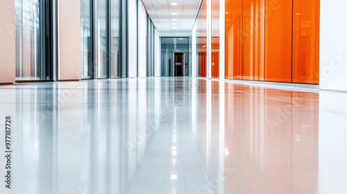 A futuristic office corridor featuring glass walls, reflective floors, and bright lighting, providing a sleek and professional atmosphere. photo