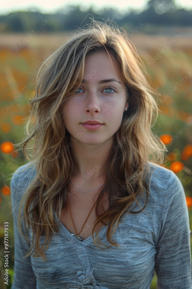 A young woman with long wavy hair and a serene expression stands outdoors in a meadow filled with orange flowers and green fields in the background A young woman with long wavy hair and a serene expression stands outdoors in a meadow filled with orange flowers and green fields in the background