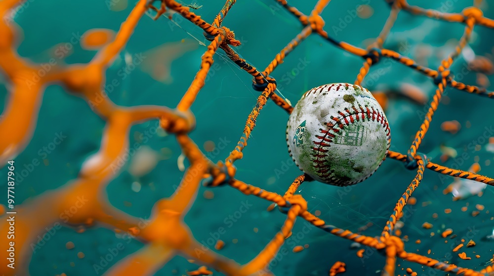 On a bright green backdrop a struck baseball ball gets stuck in an orange net On a bright green backdrop a struck baseball ball gets stuck in an orange net
