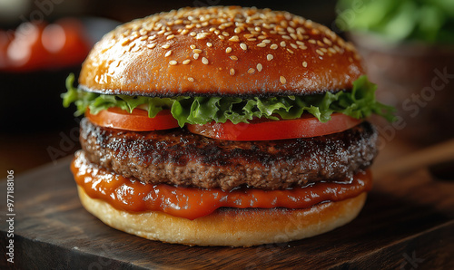 A delicious hamburger with fresh lettuce, tomatoes and ketchup served on a wooden board in a cozy setting.